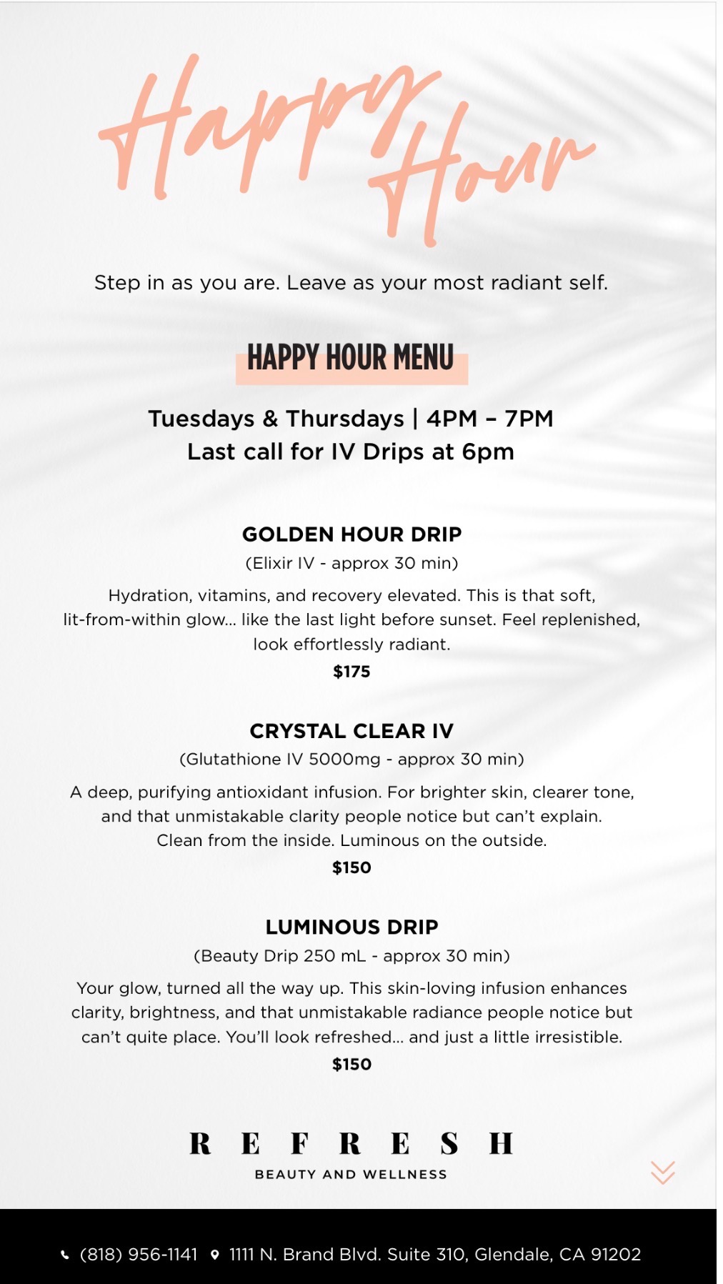 Refresh Beauty and Wellness IV Happy Hour menu page one