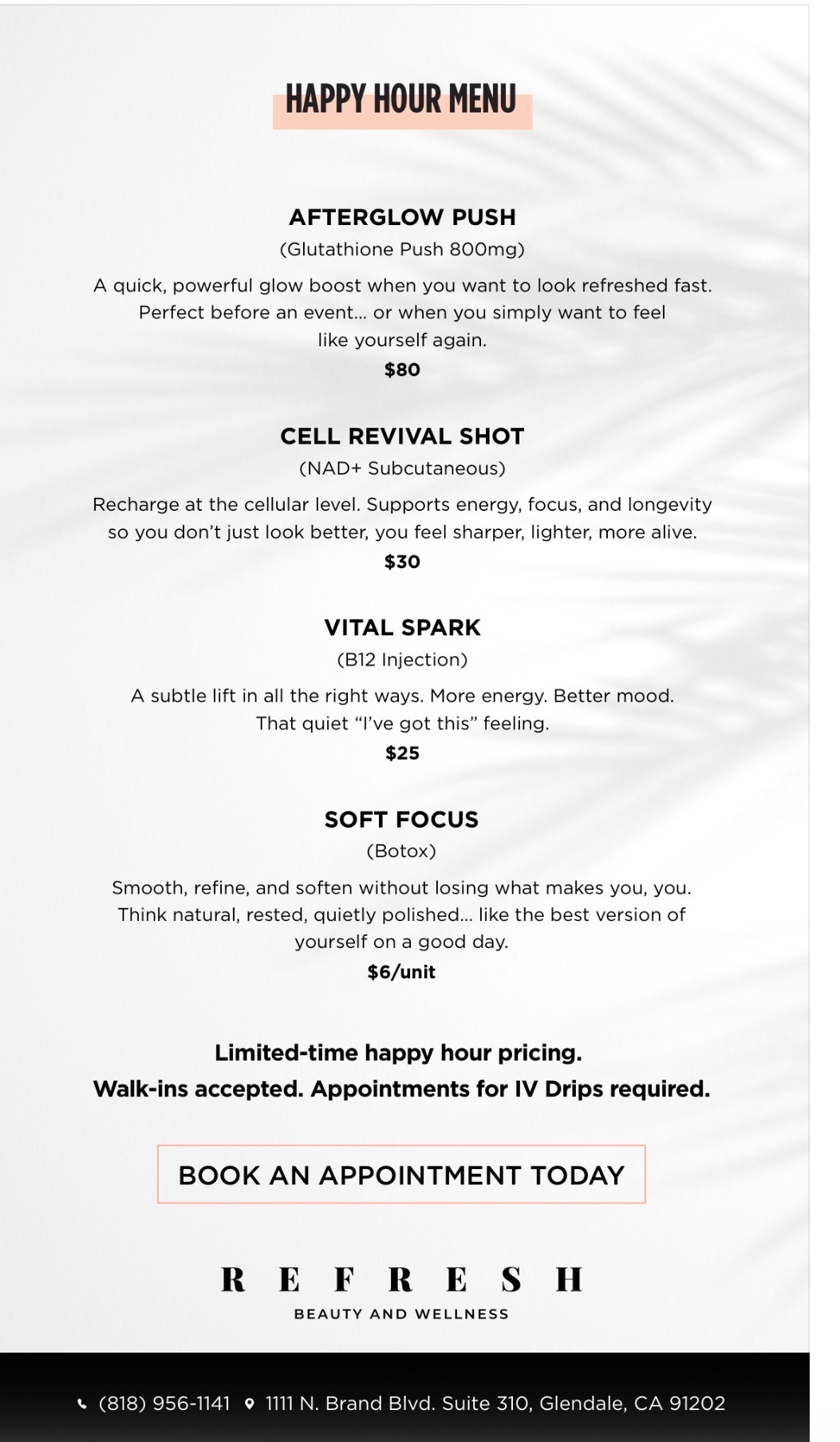 Refresh Beauty and Wellness IV Happy Hour menu page two
