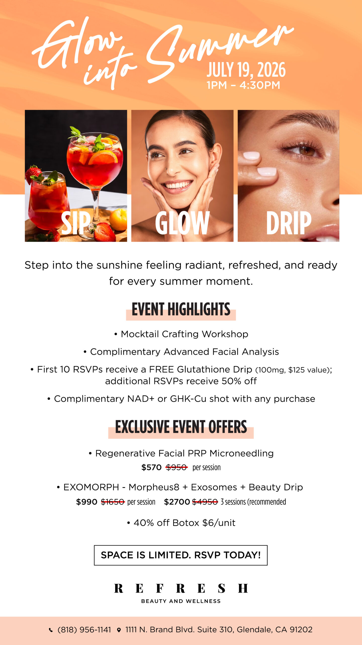 Glow Into Summer event flyer for Refresh Beauty and Wellness in Glendale CA